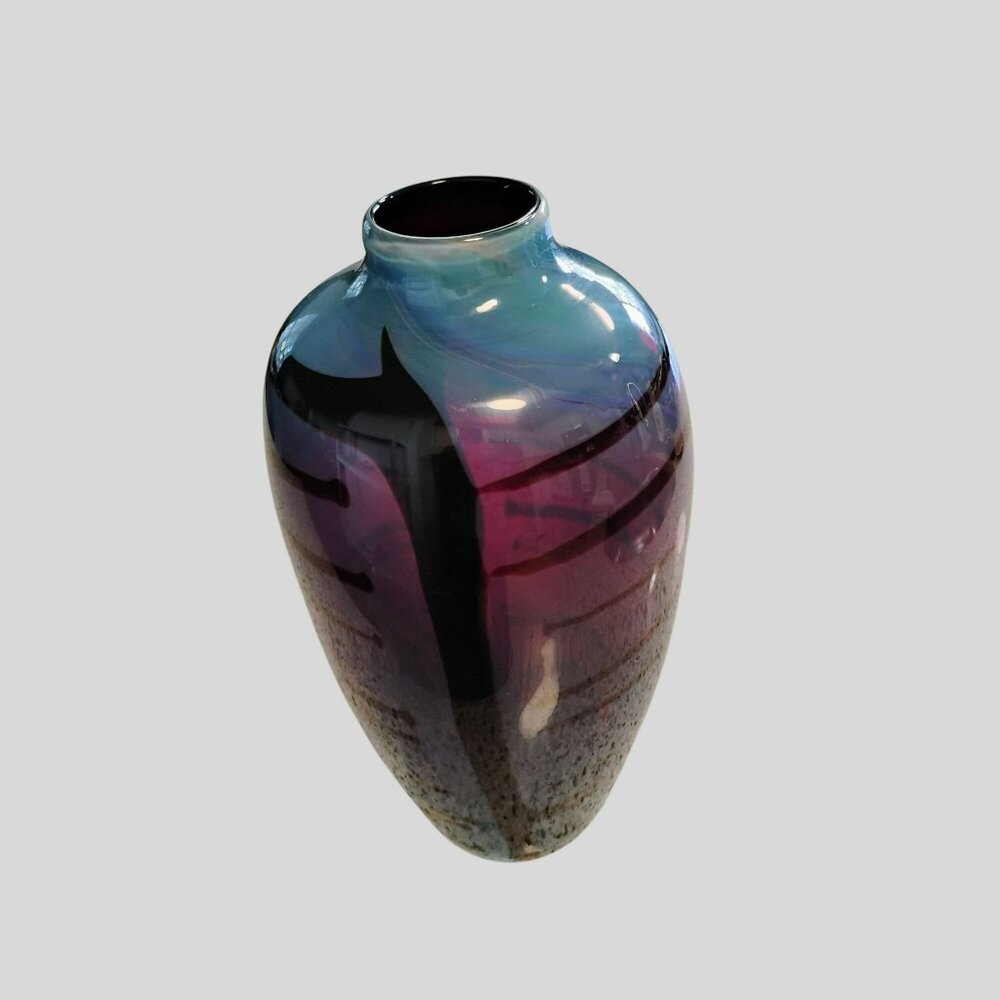 Handblown Iridescent Art Glass Vase With Abstract Design Blue & Purple Tones 12" - Picture 9 of 16